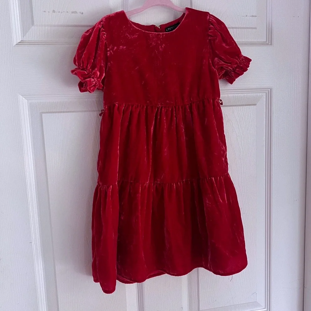 Crewcuts Velvet Dress 5 Girls Tiered Puff Sleeve Red Holiday Party dark Cool Red